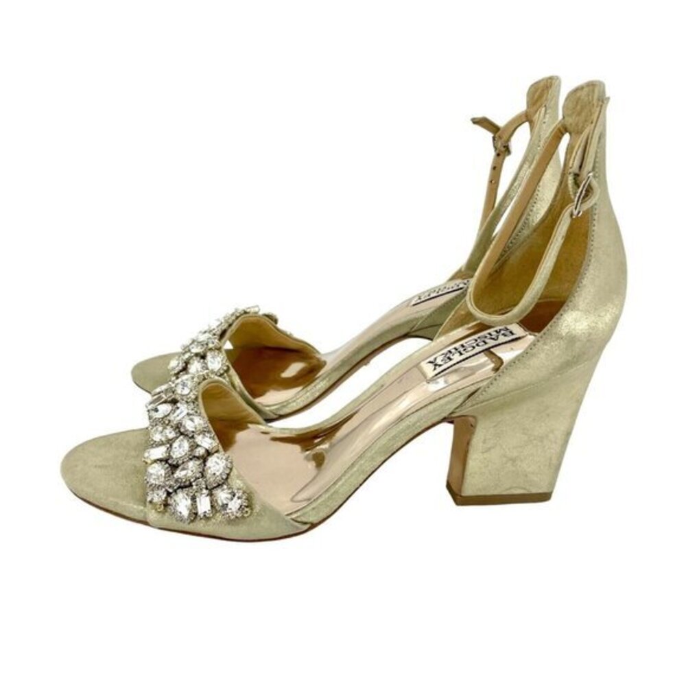 Badgley Mischka Sandals Crystal Gold Leather Ankle Strap Heels SZ 9 New